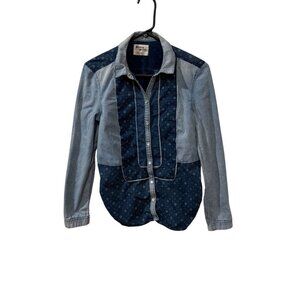 Holding Horses Womens Patchwork Denim Button-Up Shirt Long Sleeve Size 2 Cotton